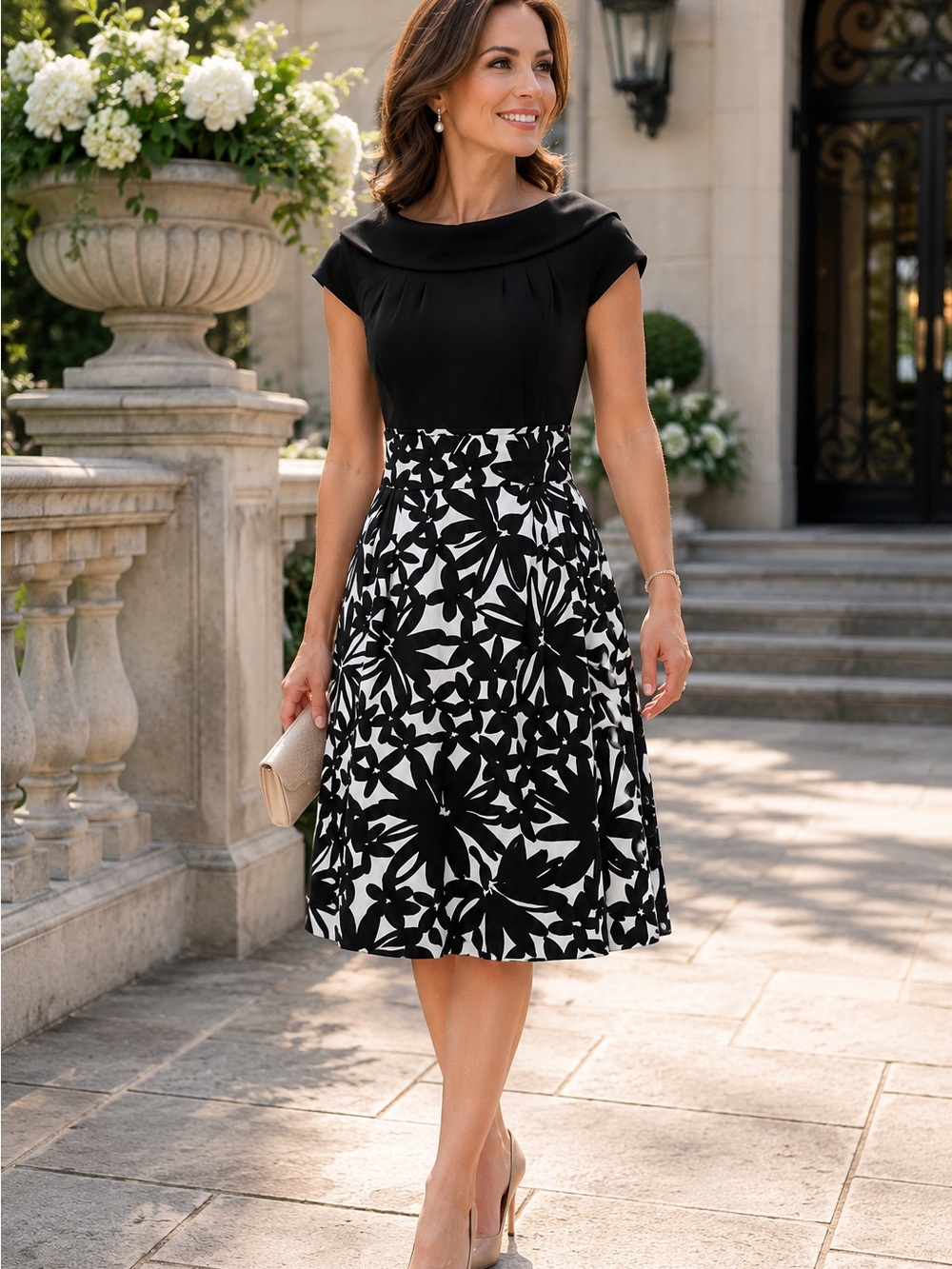 Madison Leigh Petite Black White Floral Fit & Flare Dress 10P